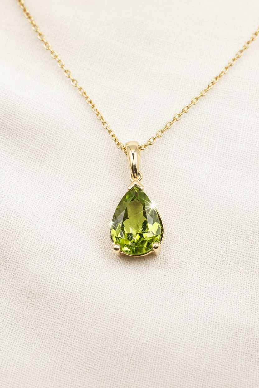 A natural pear-like peridot gemstone encased in a golden frame laced together with a golden necklace by Ophelisse.