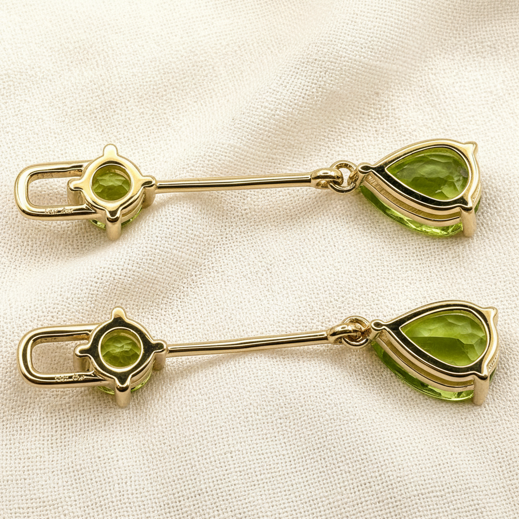A pair of solid 10k yellow gold-toned lapel pins with round natural green peridot gemstones and teardrop-shaped green gemstones, displayed on a textured beige fabric background.