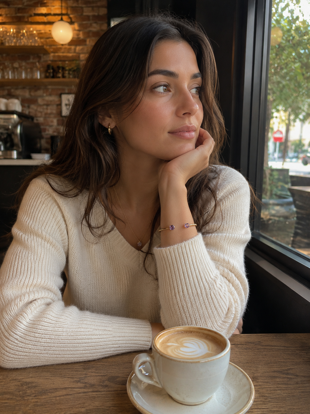 A woman sits at a cafe table by a window wearing Ophelisse bangle, featuring a solid 10k yellow gold cuffed bangle bracelet with two natural oval amethyst gemstones. 