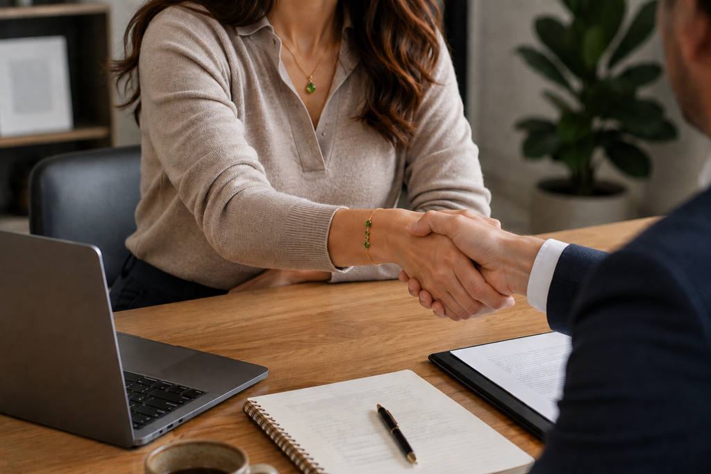 A professional woman closing a business deal wearing Ophelisse's solid 10k yellow gold bracelet chain with natural peridot gemstones.