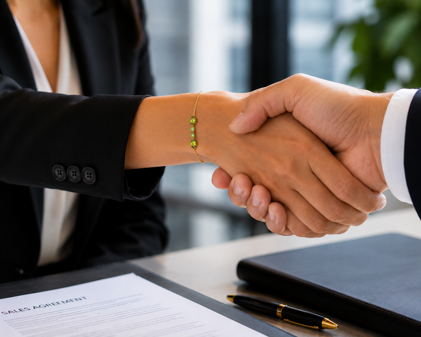 A professional woman closing a business deal wearing Ophelisse's solid 10k yellow gold bracelet chain with natural peridot gemstones.