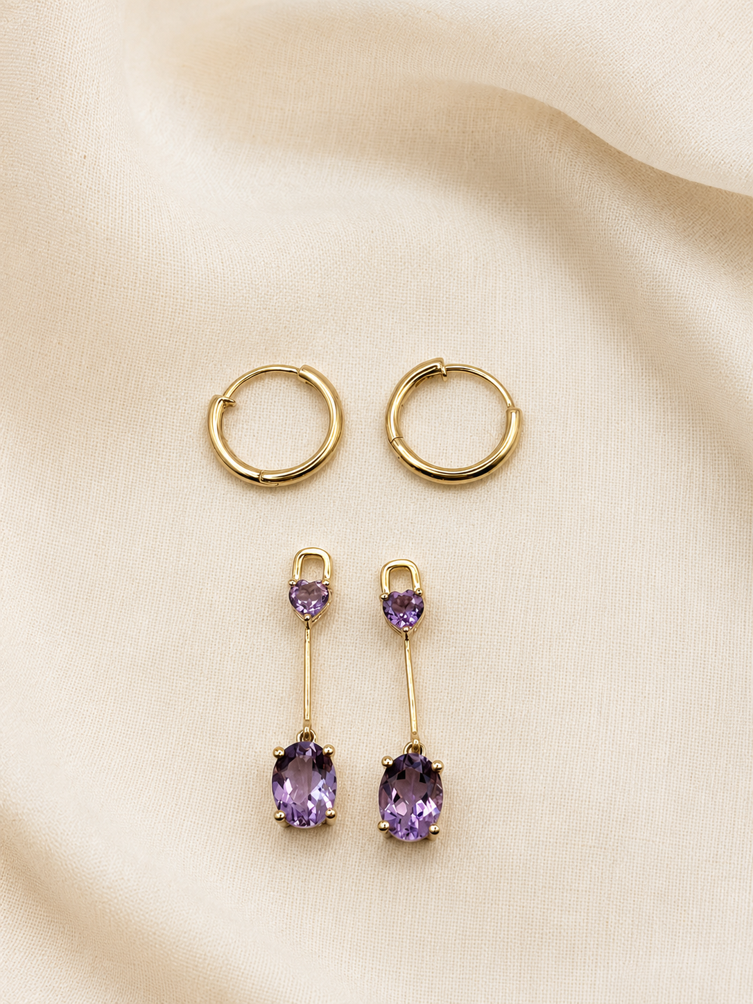 Ophelisse Solid 10K Solid Yellow Gold  Oval & Heart Natural Amethyst Convertible Hoop & Dangle Earrings