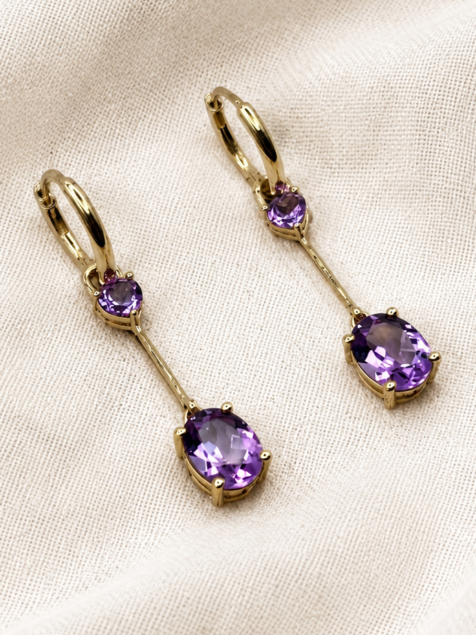Ophelisse Solid 10K Solid Yellow Gold  Oval & Heart Natural Amethyst Convertible Hoop & Dangle Earrings