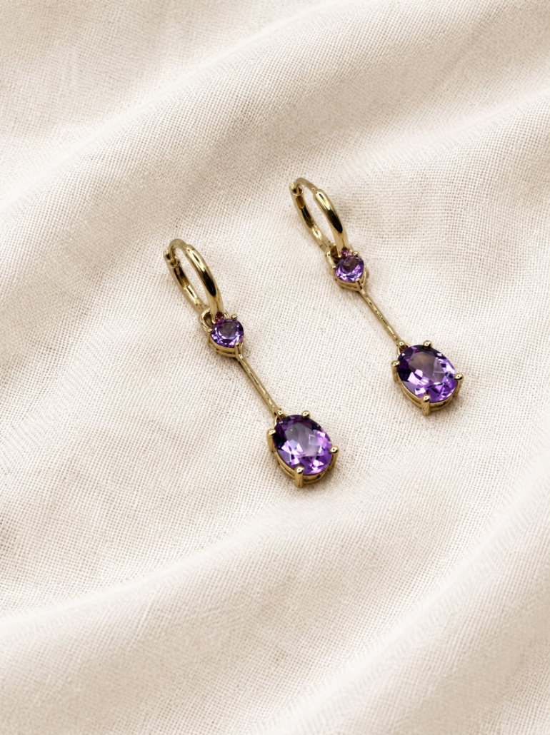 Ophelisse Solid 10K Solid Yellow Gold  Oval & Heart Natural Amethyst Convertible Hoop & Dangle Earrings