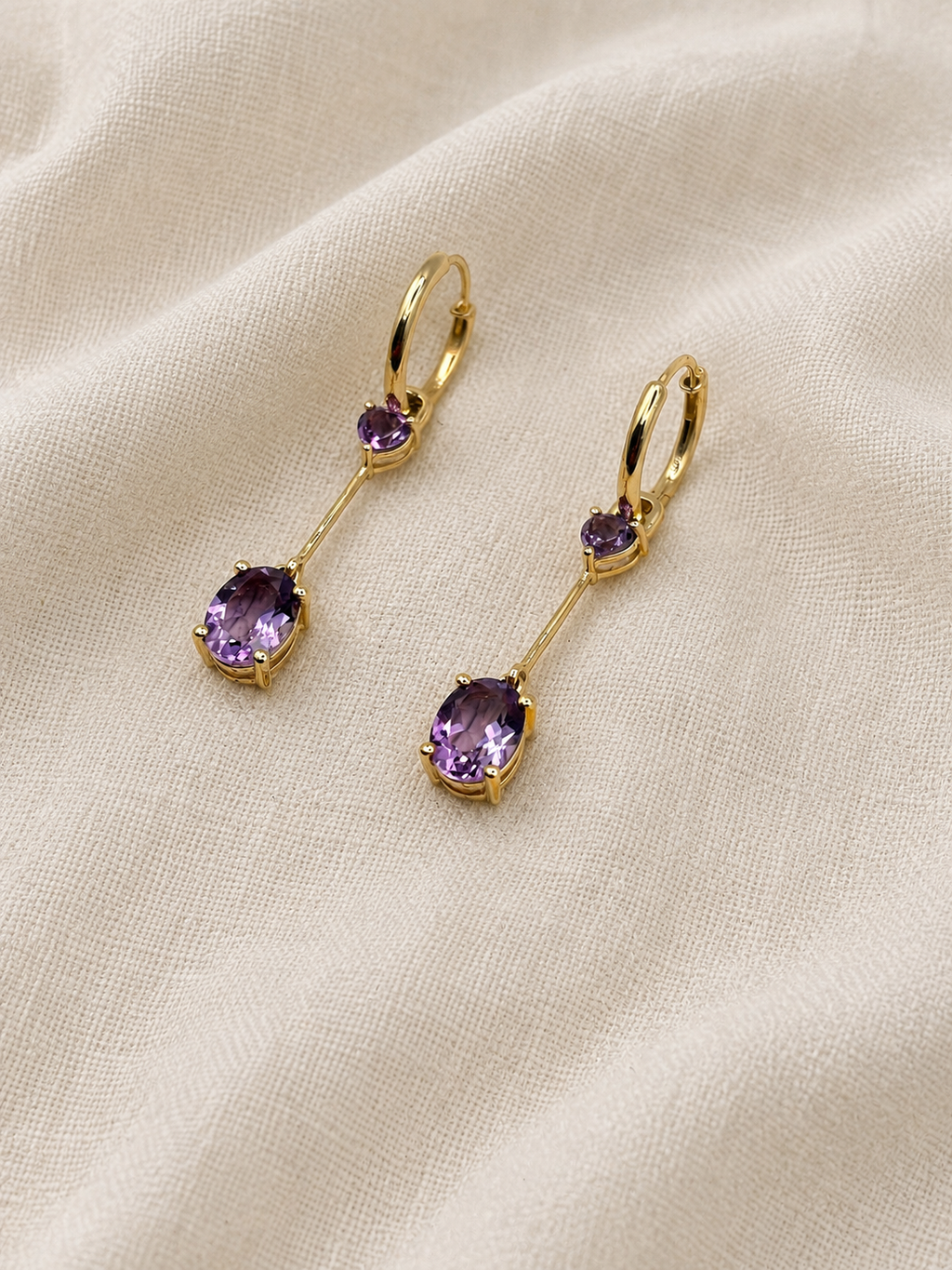 Ophelisse Solid 10K Solid Yellow Gold  Oval & Heart Natural Amethyst Convertible Hoop & Dangle Earrings