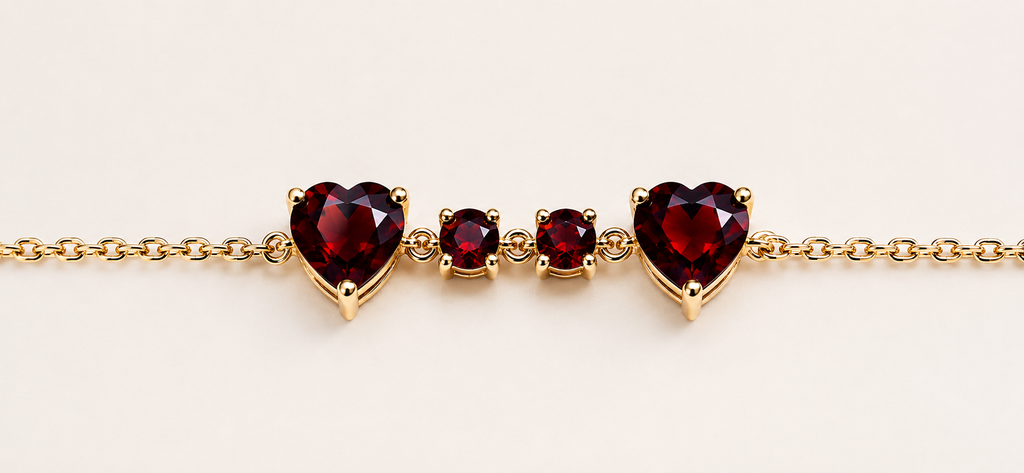 A close up view of Ophelisse solid 10k rose gold chain bracelet with heart-shaped and round-shaped natural garnet stones on a beige background