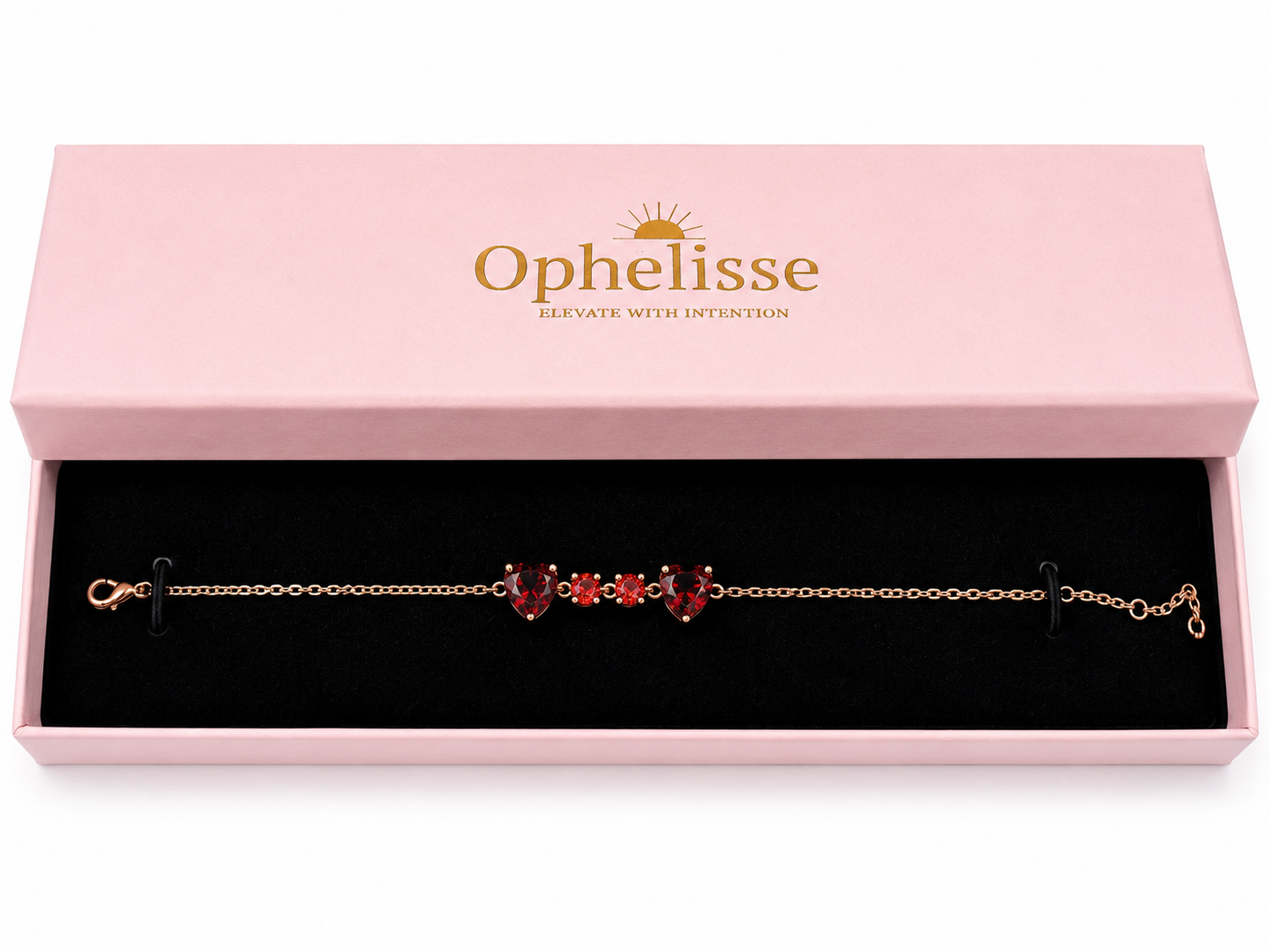 A solid 10k rose gold chain bracelet with two red heart-shaped and two round-shaped natural garnet gemstones, presented in an open light pink Ophelisse gift box with a black velvet interior.