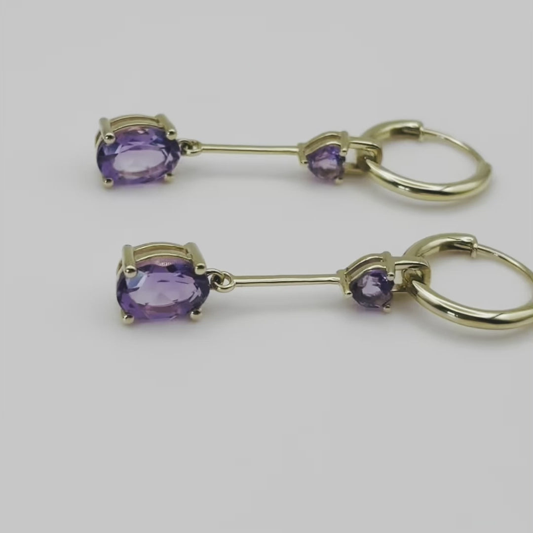Ophelisse Solid 10K Solid Yellow Gold  Oval & Heart Natural Amethyst Convertible Hoop & Dangle Earrings