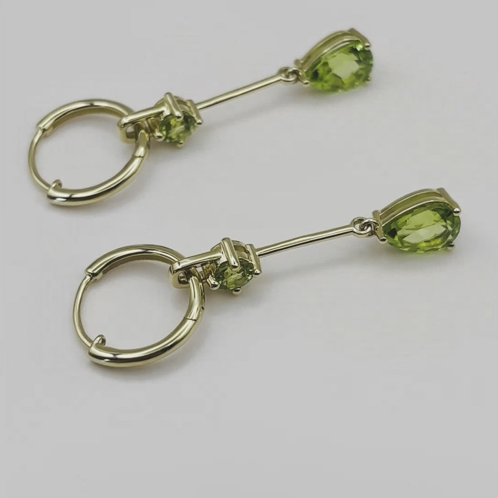 Ophelisse Solid 10K Solid Yellow Gold Pear & Round Shape Natural Peridot Convertible Hoop & Dangle Earrings