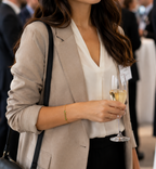 A woman at a professional conference wearing Ophelisse solid 10k yellow gold bracelet featured four natural green peridot gemstones wrapped around her wrist.